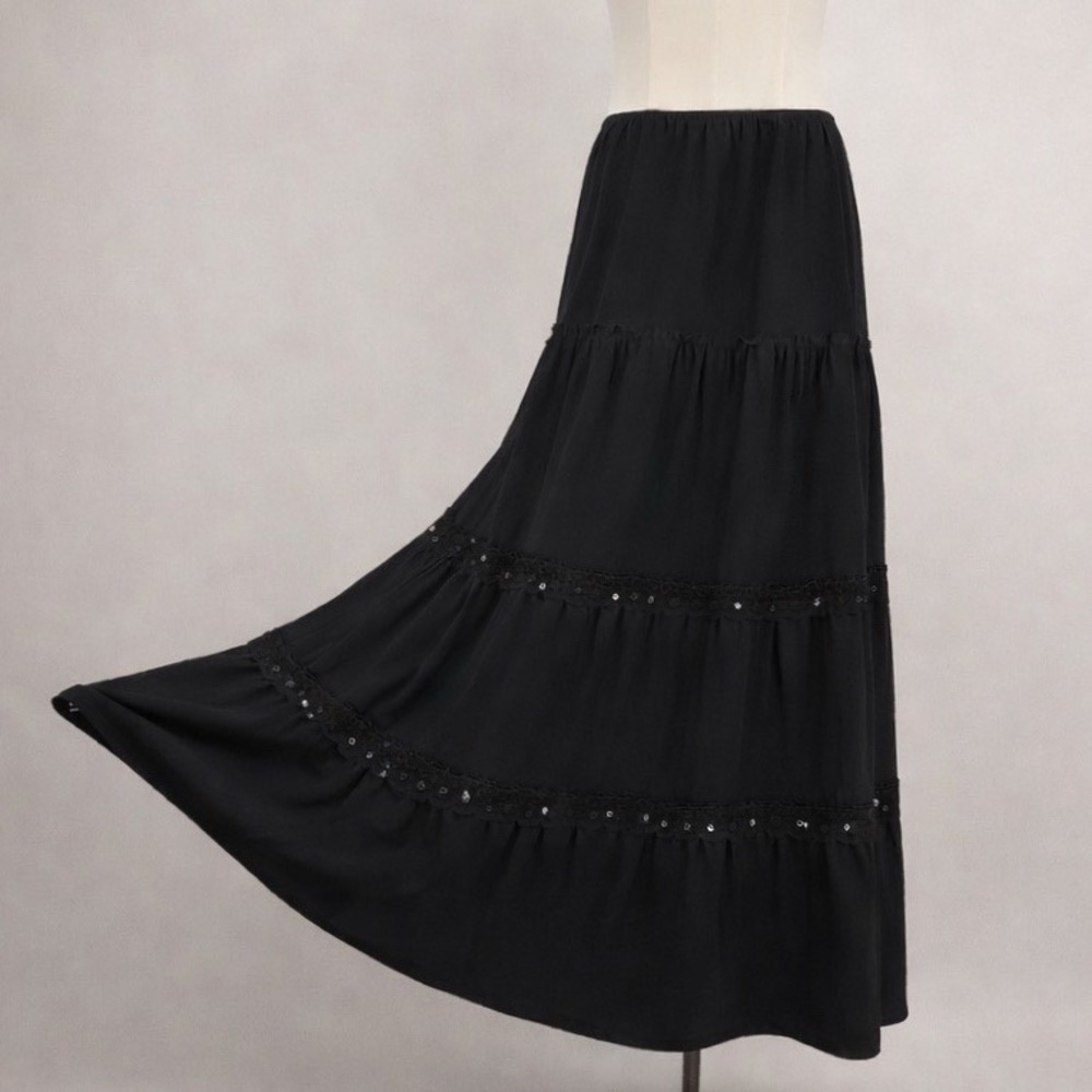 Vintage 90s Black Lace Sequined Midi Skirt Fairy Grunge Whimsigoth Witchy